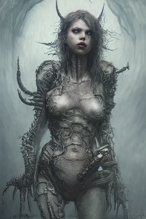 Image similar to portrait of hannah murray by hr giger, greg rutkowski, luis royo and wayne barlowe as a diablo, resident evil, dark souls, bloodborne monster