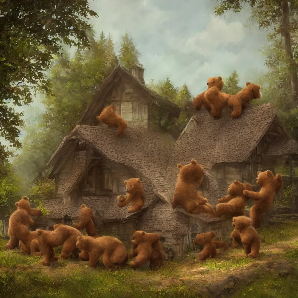 Image similar to cottage with three humanoid bear cubs in front, aesthetic, oil painting, pale colors, high detail, 8 k, wide angle, trending on artstation,