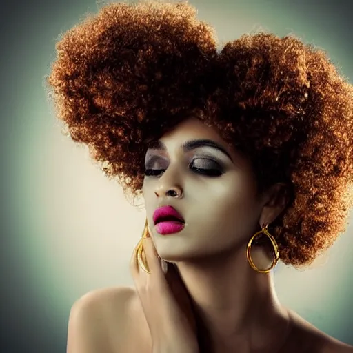 Image similar to gorgeous sultry model with a curly afro, cinematic pose, intricate hair details, jewellery, big hooped earrings, long nails, off the shoulder shirt, soulful, pouty lips, real life details, soft shadows, sharp focus, volumetric lights, rim light, character details, 3 d, award winning, model, beautiful, gorgeous