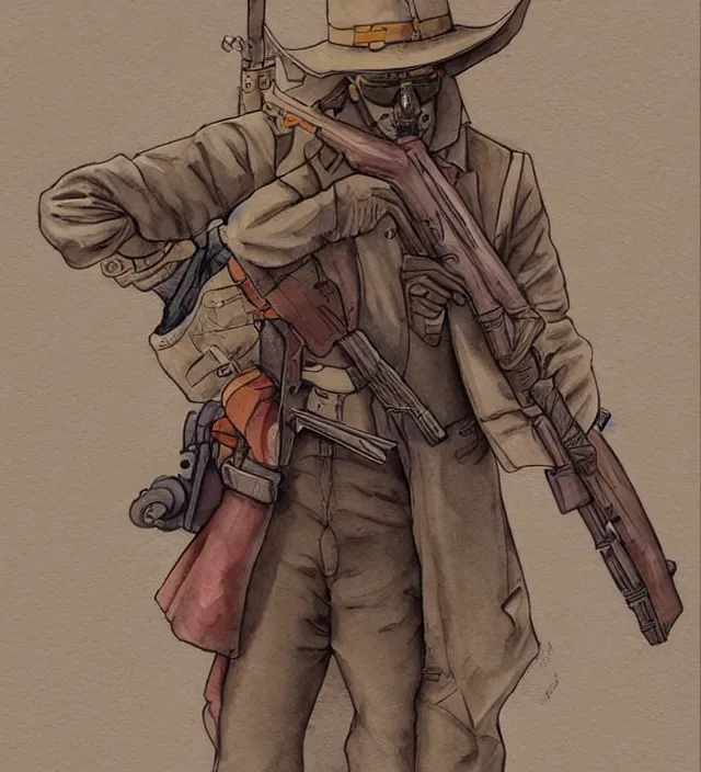 Image similar to a watercolor ink painting of an anthropomorphic bunny mercenary / gunslinger posing with their revolver - rifle in the style of jean giraud in the style of moebius trending on artstation deviantart pinterest detailed realistic hd 8 k high resolution