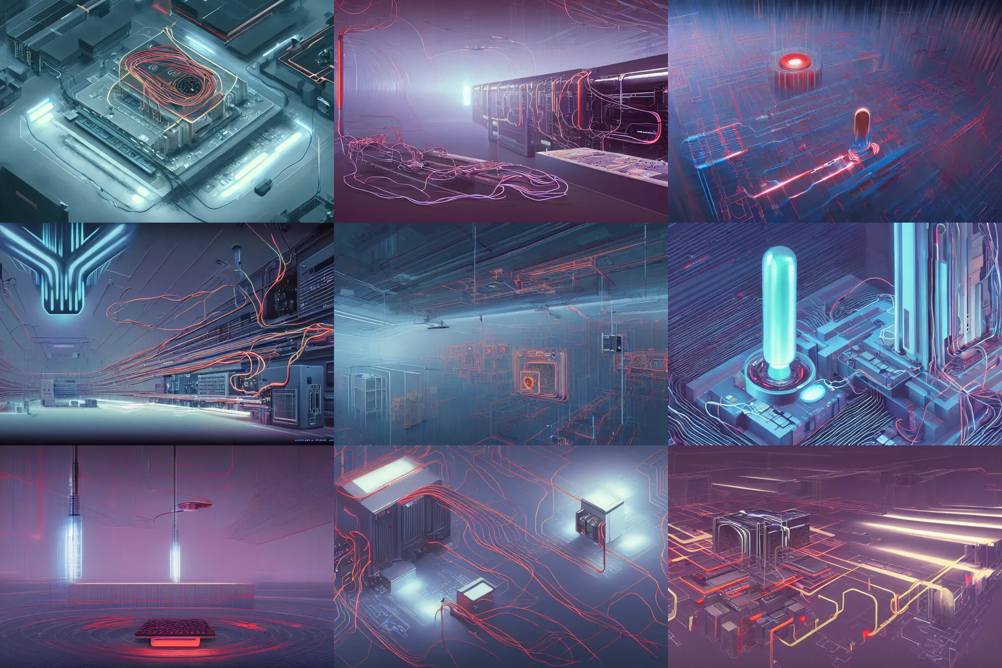 Prompt: a vast modern computing center. Cray XMP with furniture, floor tiles, exposed circuit boards and complexes of wiring, nixie tubes and tesla coils. immaculate octane redshift concept art render by Zdzisław Beksiński, by beeple, by Artgerm, brilliant modern colors, ultradetailed, 4k ultra, keyframe, cinematic, hyper realism, high detail chromatic ink outline, octane render, unreal engine, 8k, High contrast, golden ratio, trending on cgsociety, ultra high quality model, production quality cinema model