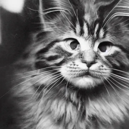 Prompt: close up of a maine coon kitten wearing soldier helmet in the battle, ww 2, black & white