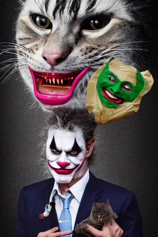 Image similar to Mauricio Macri with an angry cat in his hand in Elaborate Joker Makeup and prosthetics designed by Rick Baker, Hyperreal, Head Shots Photographed in the Style of Annie Leibovitz, Studio Lighting