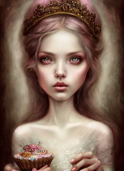 Prompt: portrait of an fairytale princess, beautiful face, hyper realistic, highly detailed, digital painting, artstation, illustration, concept art by nicoletta ceccoli and mark ryden, digital paint, matte paint, washed colors, eating cakes, dark, gloomy, foggy