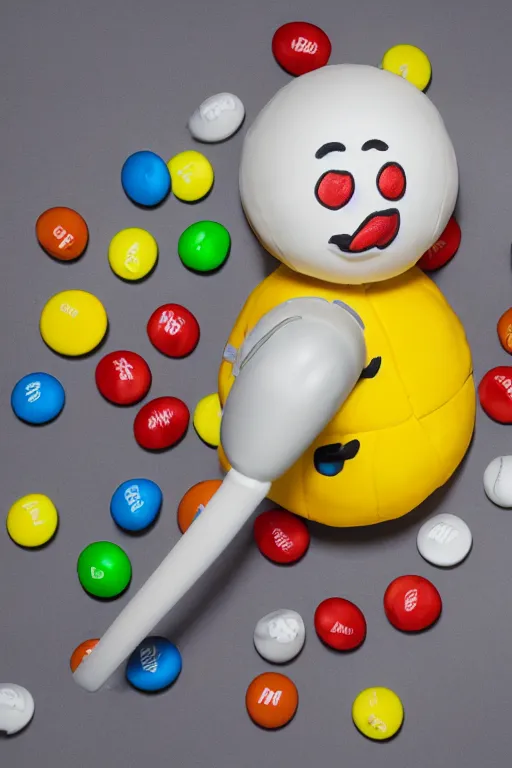 Prompt: a single yellow m & m candy with white arms and legs holding a microphone, a yellow sphere wearing a white baseball cap, eminem as a m & m candy standing on a floor covered with m & m candies, m & m candy dispenser, m & m plush!!!, unreal engine, volumetric lighting, artstation, professional food photography
