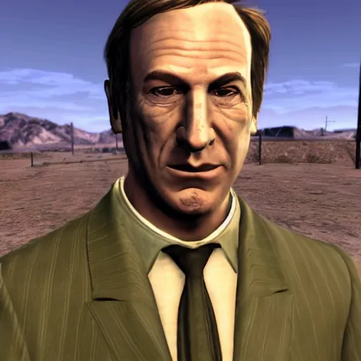 Prompt: Saul Goodman in Fallout New Vegas, screenshot
