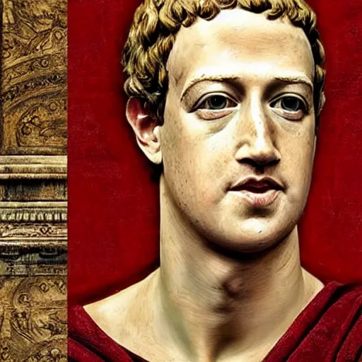 Prompt: mark zuckerberg as a roman noble senator. dressed in a toga. serious facial expression. on ancient roman fresco, detailed, intricate artwork, photo of a wall. well - preserved but faded