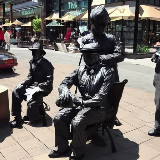 Prompt: Living statues having coffee at Starbucks