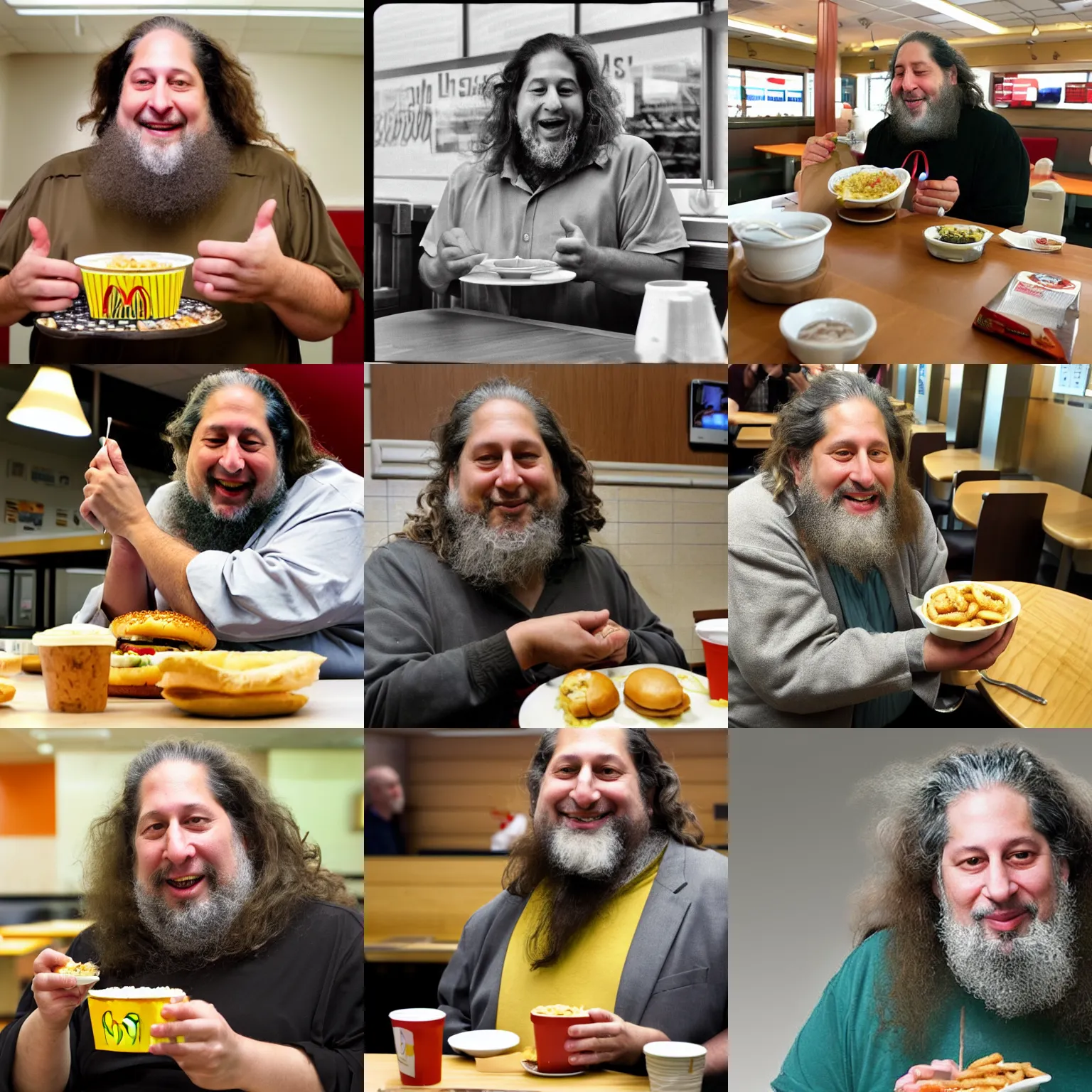 Prompt: photo of richard stallman eating in a mcdonald's