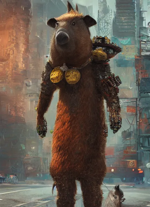 Prompt: detailed full body concept art illustration oil painting of an anthropomorphic capybara cab driver in full intricate clothing, biomutant, dystopian future, ultra detailed, digital art, octane render