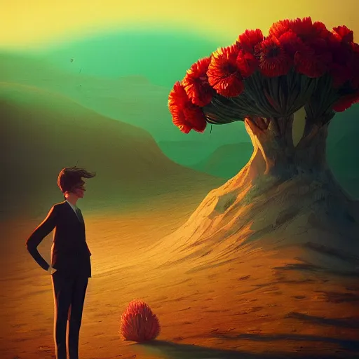 Image similar to giant carnation flower head girl, suit, desert, surreal photography, sunrise, dramatic light, impressionist painting, digital painting, artstation, simon stalenhag