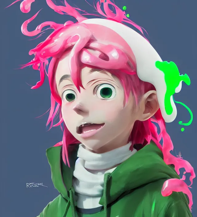 Prompt: a beautiful portrait of a cute splatoon anime boy with pink hair wearing a green hoodie. character design by cory loftis, fenghua zhong, ryohei hase, ismail inceoglu and ruan jia. artstation, volumetric light, detailed, photorealistic, fantasy, rendered in octane