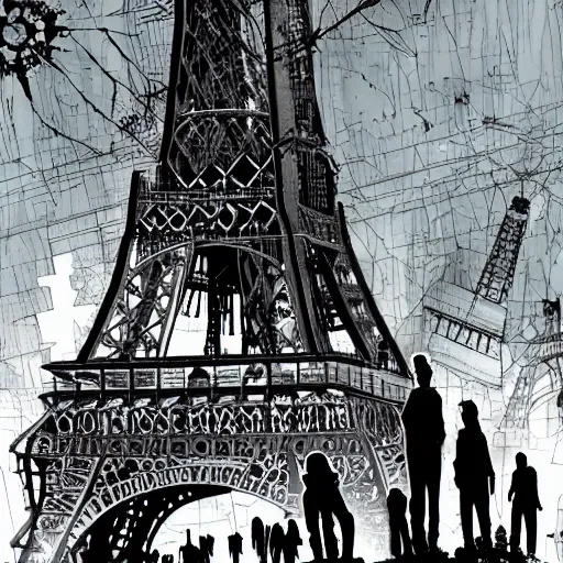 Image similar to A Guy standing a top of Eiffel tower, Zombie apocalypse, Zombie everywhere, Fire everywhere, Building destroyed, People screaming, Horde of zombies, digital art, anime style,