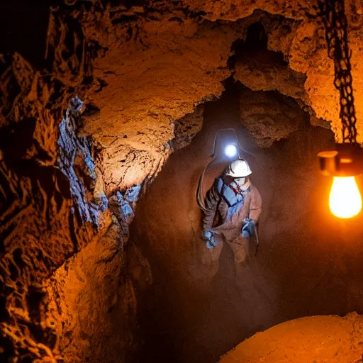 Image similar to a miner in the depths of a mineshaft mining a giant crystalline ore, the mineshaft is lit by hanging lanterns, the mine is dark, highly detailed, extremely high quality, hd, 4 k, 8 k, professional photographer, 4 0 mp, lifelike, top - rated, award winning, realistic, detailed lighting, detailed shadows, sharp, no blur, edited