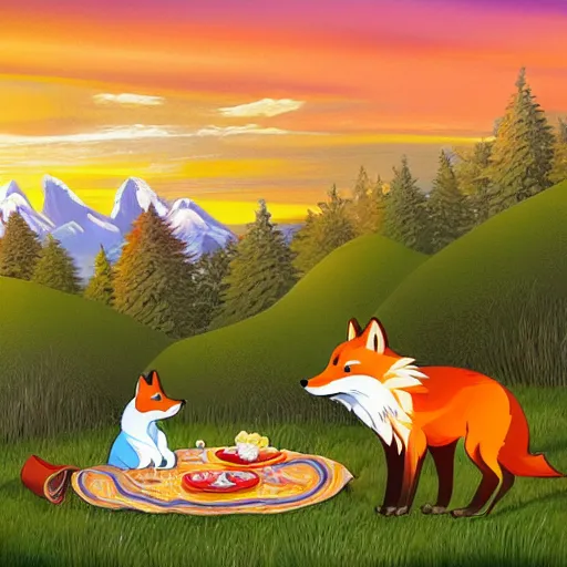 Image similar to a fox and a wolf having a picnic together on the top of a scenic hill at sunrise, storybook illustration