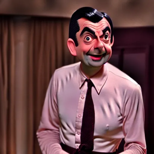 Image similar to mr. bean as a male pinup. movie still. cinematic lighting.