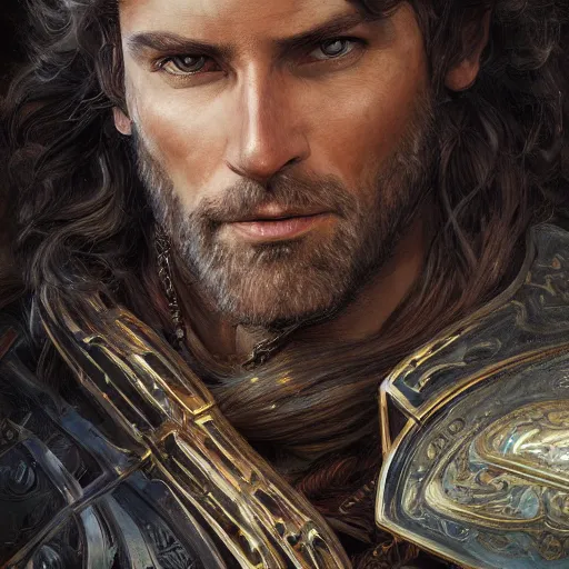 Image similar to portrait of a ruggedly handsome paladin, soft hair, muscular, half body, leather, hairy, d & d, fantasy, intricate, elegant, highly detailed, digital painting, artstation, concept art, smooth, sharp focus, illustration, art by artgerm and greg rutkowski and alphonse mucha