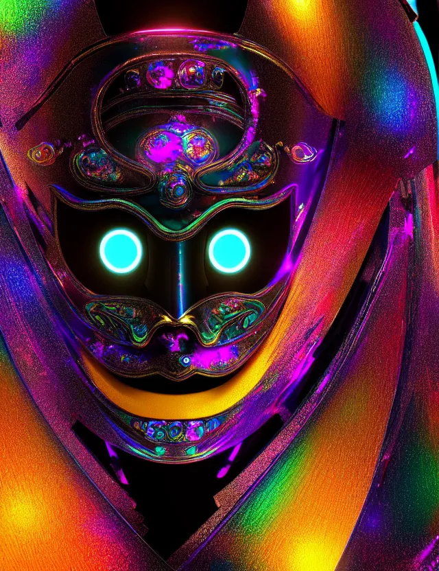 Image similar to highly detailed digital art rendering of a beautiful futuristic iridescent geisha mask with glowing eyes. black background. gritty textures. unreal engine, redshift, blender. psychedelic art. trending on artstation, behance.