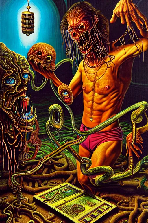 Prompt: a hyperrealistic painting of a lost treasure found being guarded by monstrosity, cinematic horror by jimmy alonzo, the art of skinner, chris cunningham, lisa frank, richard corben, highly detailed, vivid color,