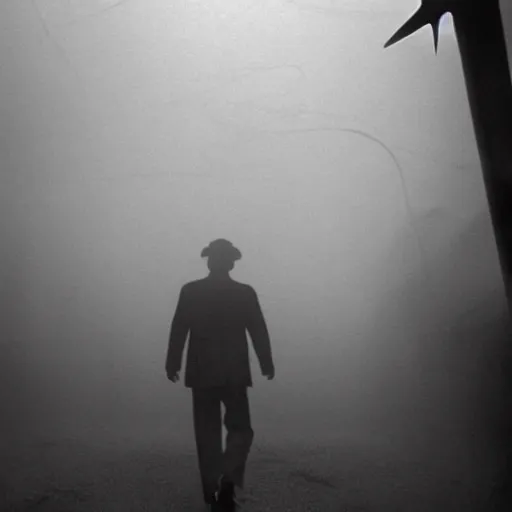 Prompt: a man in the fog with a starfish monster emerging above, 1950s Korean film noir in the style of Orson Welles