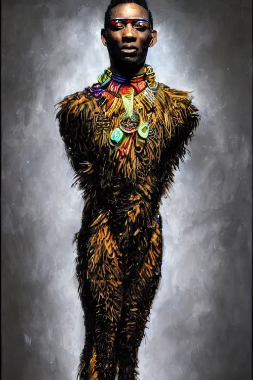 Image similar to detailed full body concept illustration of an African male with body augmentations, strong neon lighting, Afrofuturism, extravagant feathered collar, by Greg Staples, hyper realistic, HD, oil on canvas