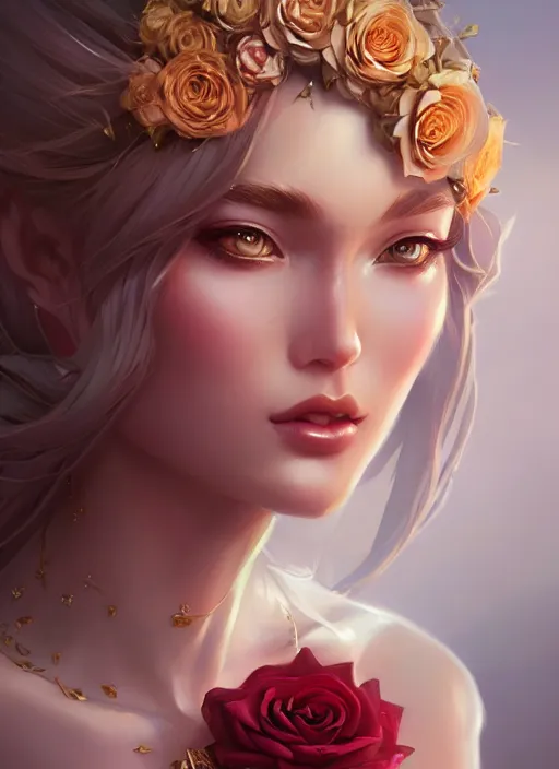 Image similar to modern goddess of beauty wide angle view, roses, flowers, gold, diamonds, highly detailed, artgerm, cushart krenz, artstation, soft light, sharp focus, illustration, character design, concept art