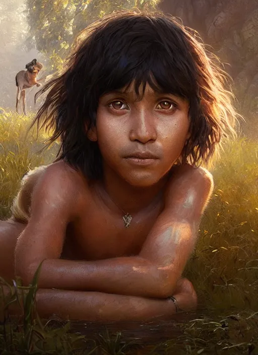 Prompt: highly detailed portrait of mowgli, unreal engine, cinematic light, warm, fantasy art by greg rutkowski