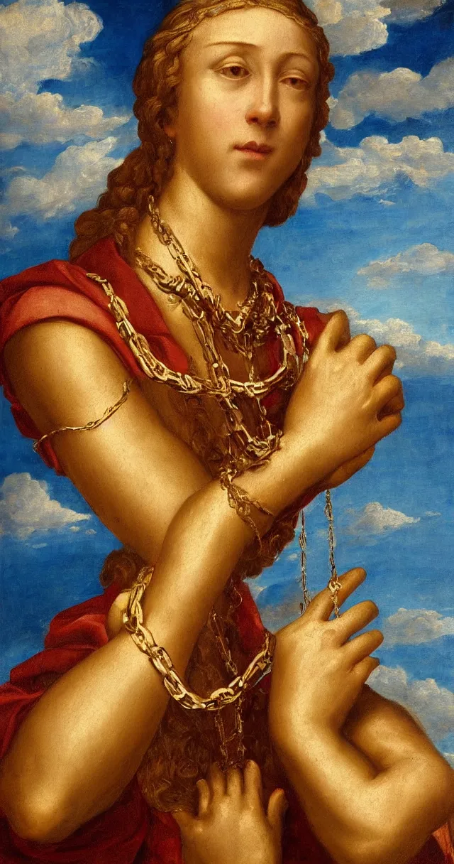 Prompt: a single hand holding a golden chain, renaissance style, realistic painting, detailed, clouds in background,