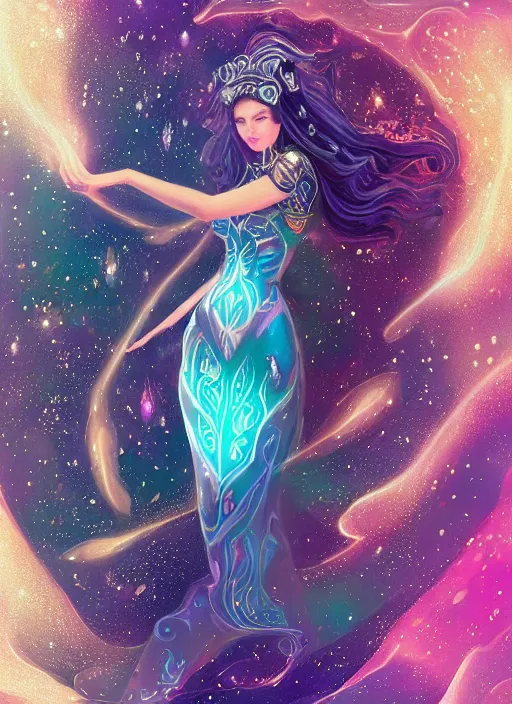 Image similar to a highly detailed illustration of elegant goddess wearing cosmic galxaxy patterned dress, elegant floating pose, beautiful detailed figure, nebula background, intricate, elegant, highly detailed, centered, digital painting, artstation, concept art, smooth, sharp focus, league of legends concept art, wlop