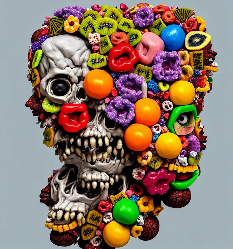Image similar to portrait headshot of a zombie punk, head made of fruit gems and flowers in the style of arcimboldo, john currin, photorealistic, dynamic lighting, action figure, clay sculpture, claymation, dull blue cloudy background,
