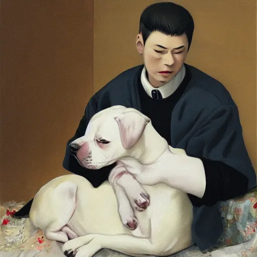 Image similar to painting of tired white pitbull puppy curled up on a japanese man's lap, highly detailed, cozy aesthetic, anime key visual, fukaya yuichiro