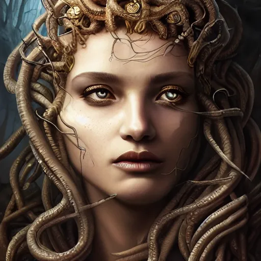 Image similar to an epic portrait of medusa, goddess, beautiful, detailed beautiful face, epic fantasy art, award winning on artstation, trending on deviantart, mystical atmosphere, mythology, high definiton, high detail, high quality, ultra realistic, hyper realistic, 4 k uhd,