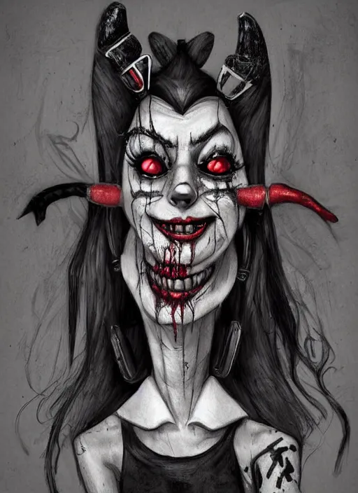 Prompt: surrealism grunge cartoon portrait sketch of harley quinn, by michael karcz, loony toons style, freddy krueger style, horror theme, detailed, elegant, intricate