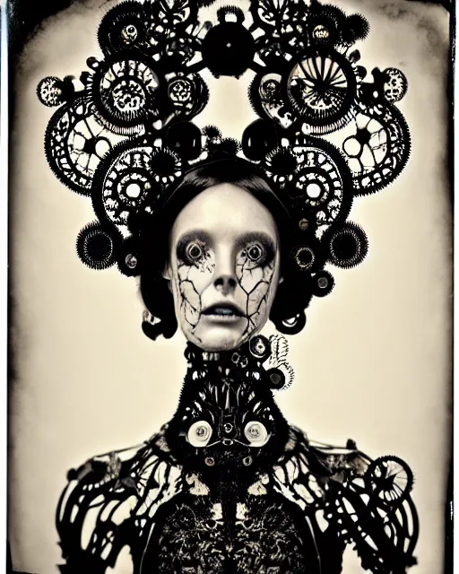 Prompt: surreal black and white tintype photo portrait of complex bio-mechanical beautiful young female vegetal-cyborg with a Mandelbrot fractal steampunk metal fine lace face, a very long neck and a fine metal floral foliage super big lace collar by Alexander McQueen:: smoke, high fashion, haute couture, rococo, steampunk, silver filigree details, anatomical, facial muscles, cable wires, microchip, elegant, dreamy, foggy atmosphere, hyper realistic, 150 mm lens, soft rim light, octane render, unreal engine, picture was taken in 1910 by Man Ray, volumetric lighting, dramatic light,8k,