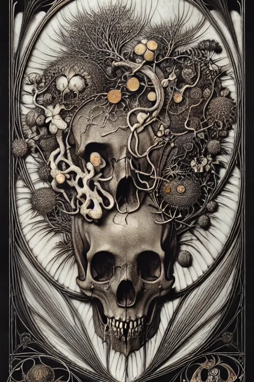 Image similar to art forms of nature by ernst haeckel, memento mori by arthur rackham, ornate antique porcelain beautiful skull mask, ultrasharp, photorealistic, hyperdetailed, octane render, polished, art nouveau, neo - gothic, gothic, intricate ornamental organic filigree, art nouveau botanicals, art forms of nature by ernst haeckel, horizontal symmetry, symbolist, visionary