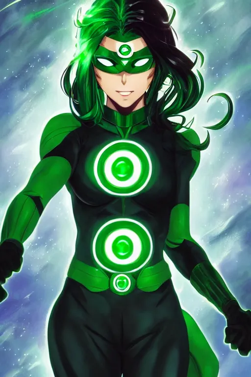 Image similar to anime key visual of a beautiful young female green lantern!! intricate, green and black suit, glowing, powers, dc comics, cinematic, stunning, highly detailed, digital painting, artstation, smooth, hard focus, illustration, art by artgerm and greg rutkowski and alphonse mucha