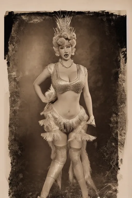 Prompt: princess peach as a showgirl, portrait, full body, symmetrical features, silver iodide, 1 8 8 0 photograph, sepia tone, aged paper, sergio leone, master prime lenses, cinematic