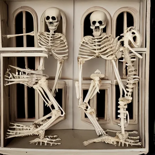 Prompt: two headed eagle skeleton anatomy in abandoned dollhouse