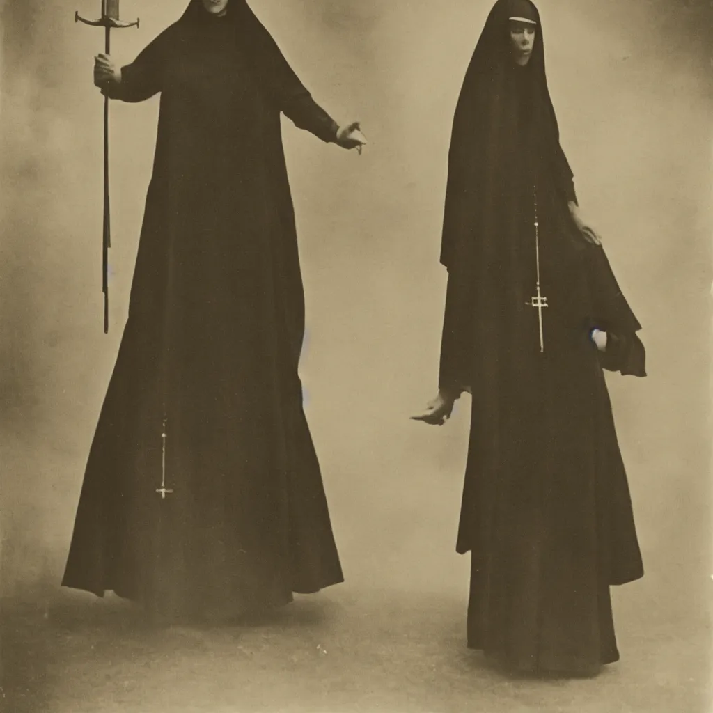 Image similar to old victorian era photograph of a very very tall mysterious nun, amazing depth, cinematic lighting.