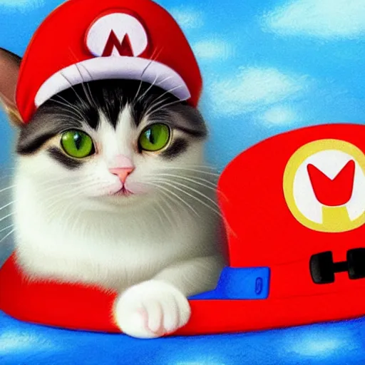 Image similar to A beautiful oil painting of a Kawaii Cat wearing a Super Mario Hat, nintendo, intricate, volumetric lighting, photorealistic, colorful, highly detailed.