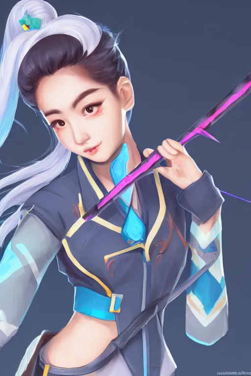 Image similar to a south korean female from paladins, white ponytail hair, she is holding a kunai, wearing light blue jacket, highly detailed digital art, character design, masterpiece