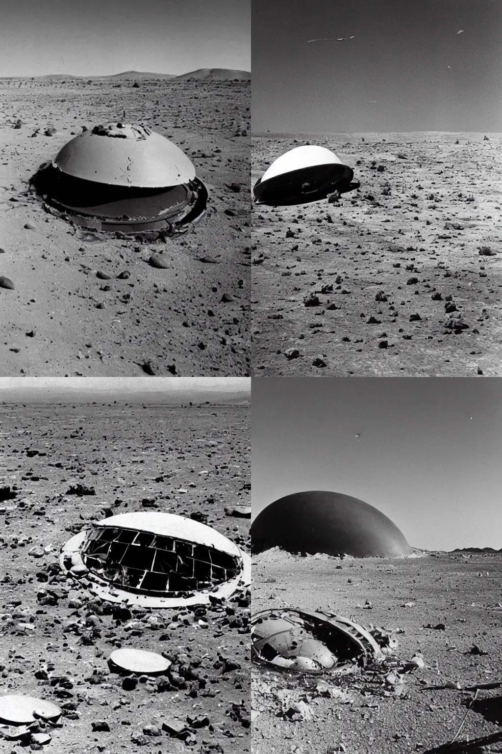 Prompt: photo from the 1940s of a crashed flying saucer in the desert, debris all over the ground 4k, high quality