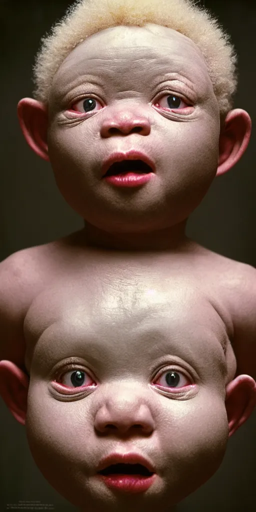 Image similar to award winning photo of african albino baby, vivid colors, happy, symmetrical face, beautiful eyes, studio lighting, wide shot art by sally mann & arnold newman & hr giger