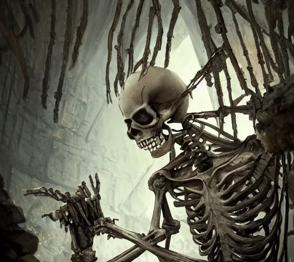 Image similar to close up of a skeleton chained up in a corner of an old, abandoned dungeon, detailed skeleton. Atmospheric lighting, By Makoto Shinkai, Stanley Artgerm Lau, WLOP, Rossdraws, James Jean, Andrei Riabovitchev, Marc Simonetti, krenz cushart, Sakimichan, D&D trending on ArtStation, digital art.