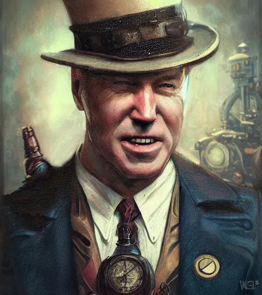 Image similar to portrait of steampunk joe biden cosplaying, by wlop, by simon stalengrad, by ilya repin, bioshock screenshot, photorealistic fan art, detailed shading, intricate abstract, realism