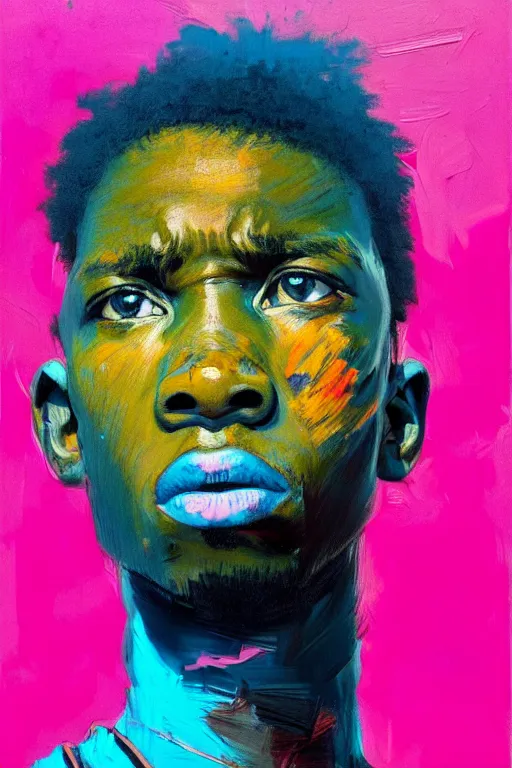 Image similar to portrait of a african young angry boy painted in acrylic, pigment, in the colors hot pink and cyan, beautiful realistic face, rule of thirds, spotlight, by greg rutkowski, by jeremy mann, by francoise nielly, by van gogh, by ross tran, in focus