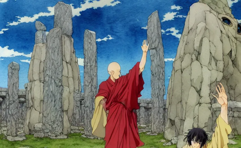 Prompt: a realistic anime watercolor fantasy concept art of a giant monk with a big forehead and a grey robe raising his hand to the sky in stonehenge. in the background several immense stones are floating in the air. by rebecca guay, michael kaluta, charles vess