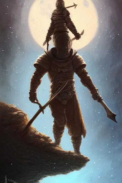 Image similar to Giant with an axe walking on the moon, fantasy, intricate, highly detailed, digital painting, HQ, trending on artstation, illustration, style of Stanley Artgerm and Greg Rutkowski and Dan Mumford