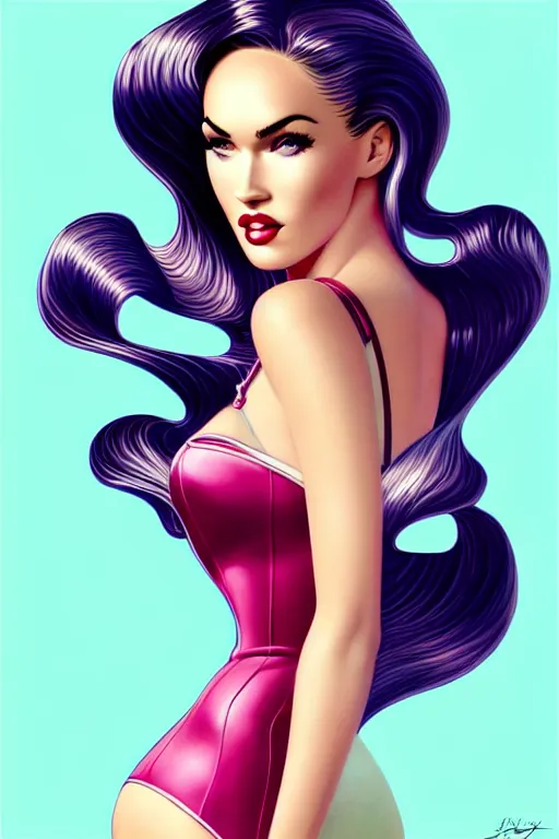 Prompt: beautiful megan fox as vintage barbie, long windblown hair, retro fashion art, 1 9 4 0, glamour pose, in the style of artgerm, illustration, epic, fantasy, intricate, hyper detailed, artstation, concept art, smooth, sharp focus, ray tracing, vibrant, photorealistic, arney freytag, simon bisley