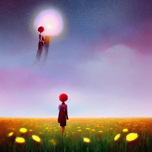 Image similar to giant daisy flower as a head, girl walking in flower field, surreal photography, night moon light, dramatic, impressionist painting, clouds, digital painting, artstation, simon stalenhag